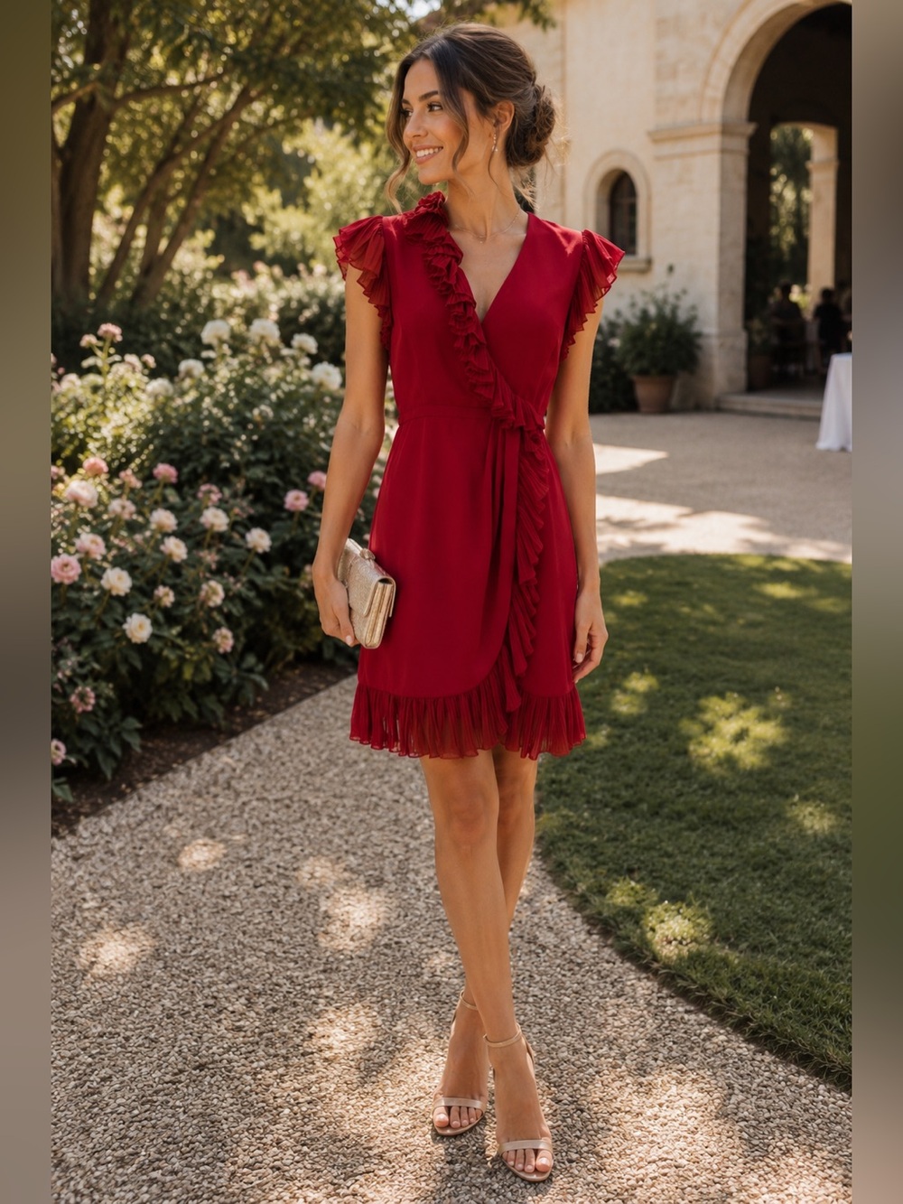 Jill Stuart Red Ruffle Wrap Summer Dress Size 6 Midi Celebrations Wedding